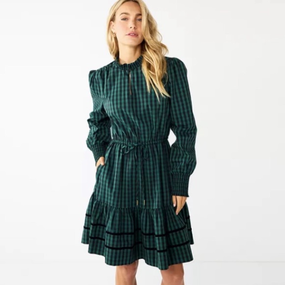 Draper James RSVP long sleeve tiered black and green checked size large - Picture 1 of 16